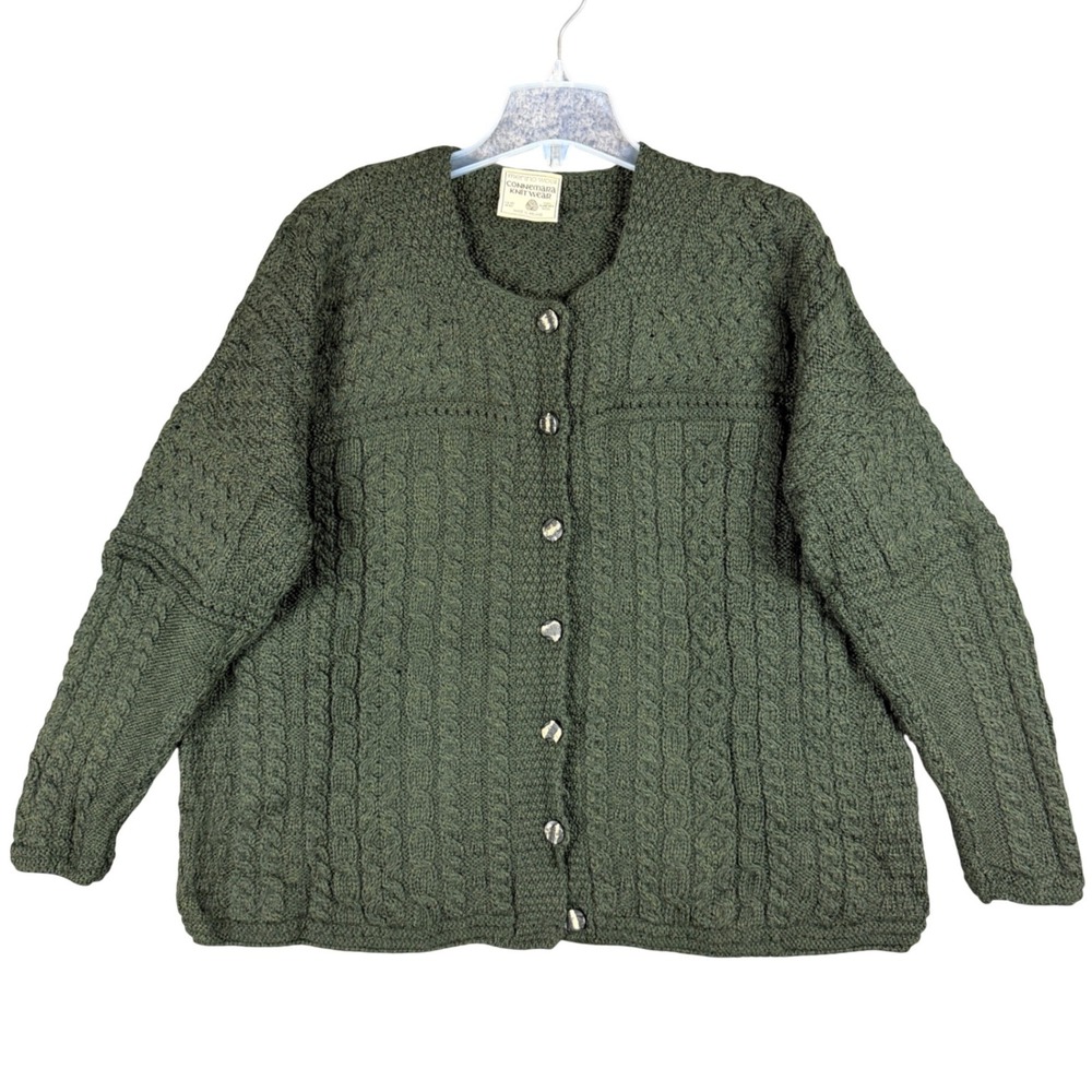 Vtg Connemara Knitwear Women's XL Green Merino Wool Cardigan Sweater Cable Knit